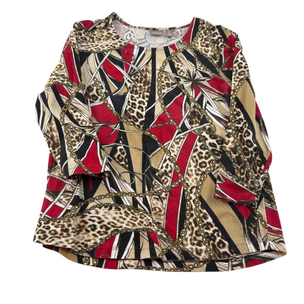 Chicos Animal & Abstract Print Top Size 2 Medium 3/4 Sleeves‎ Red Gold